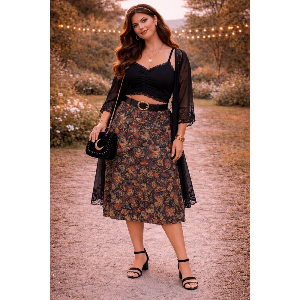 Boho Festival Whimsigoth Y2K Floral Paisley Black Red Gold 14 Petite Midi Skirt‎